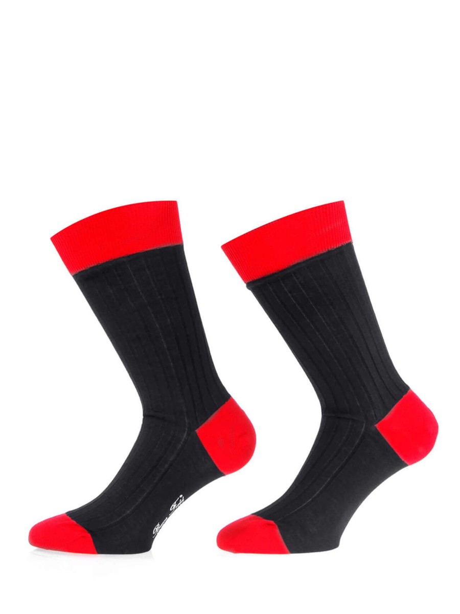 Bruce Field Chaussettes Homme Fil D'Ecosse 100% Coton Noires Et Rouges Wholesale